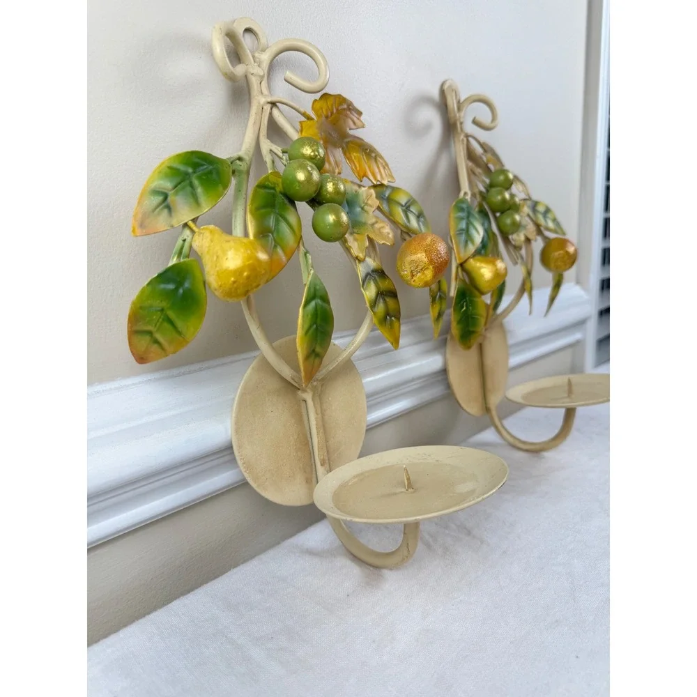Vintage Italian Wall Sconce Set Cream Wrought Iron Pear Leaf Candle Holders